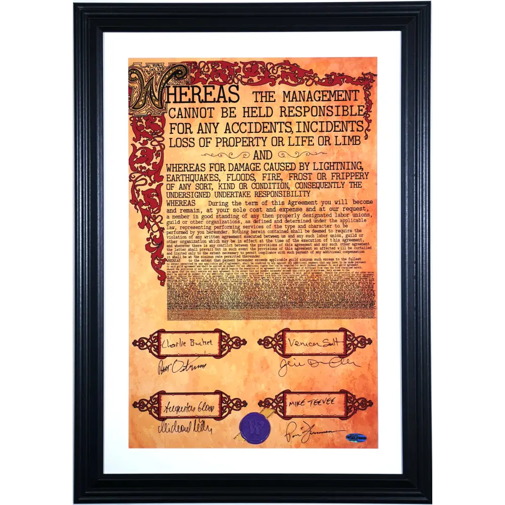 Framed Wonka Contract Autographed by Four - Wonka Shop