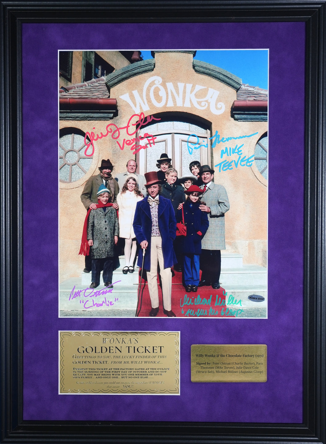 FRAMED 23” X 17” OUTSIDE THE WONKA FACTORY - AUTOGRAPHED BY FOUR