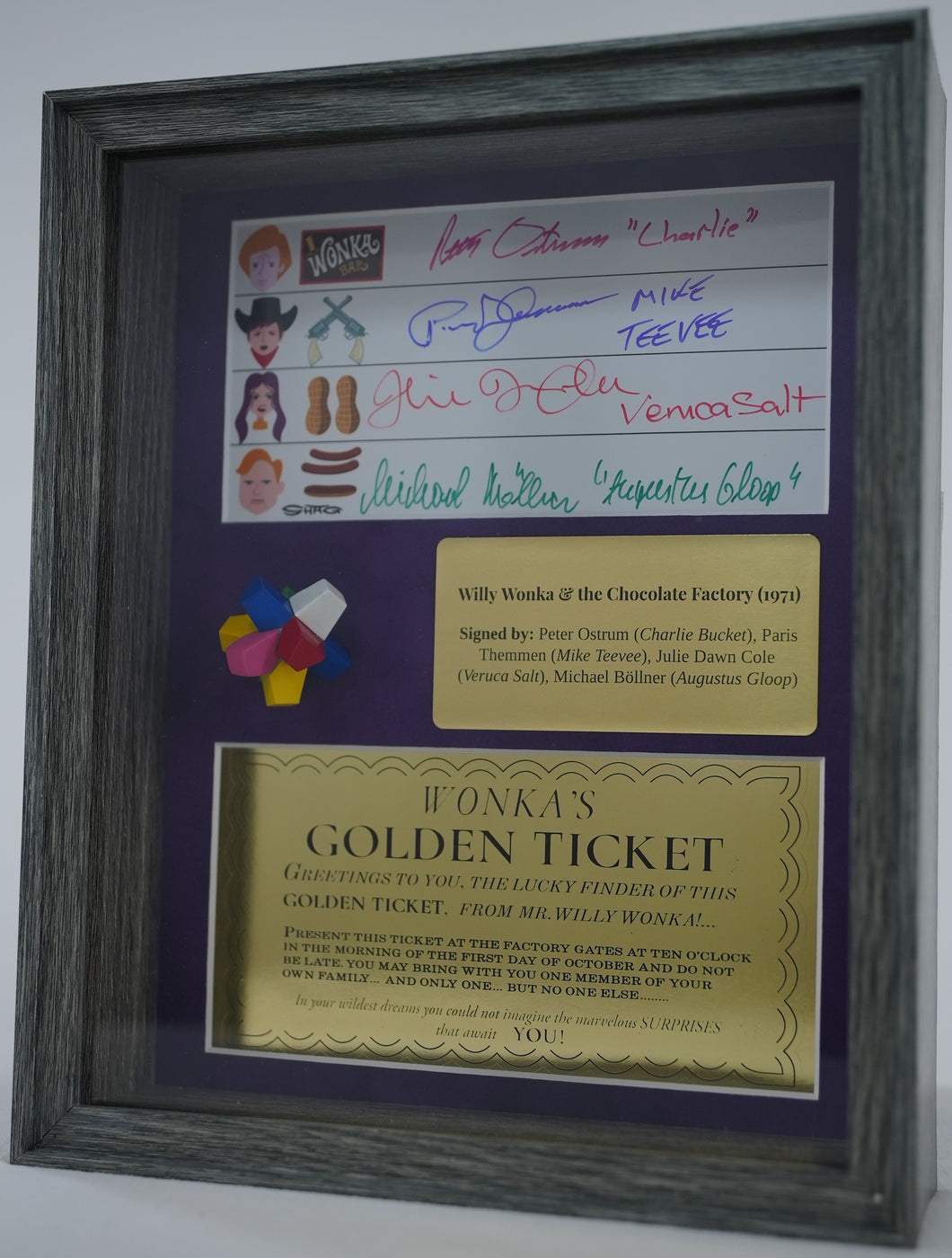 9” X 11” WONKA EVERLASTING GOBSTOPPER SHADOWBOX - AUTOGRAPHED BY FOUR