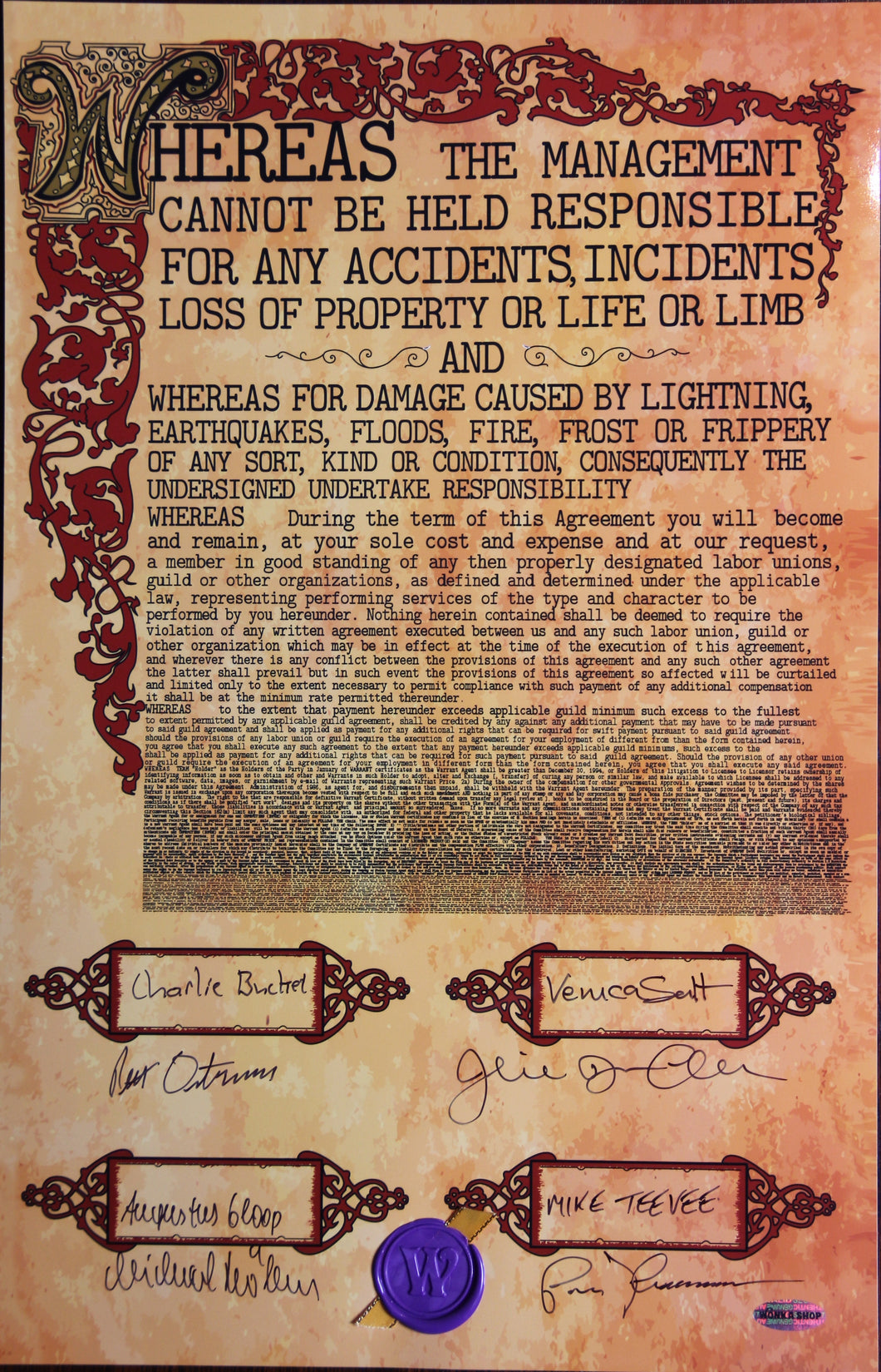 11” X 17” WONKA CONTRACT - AUTOGRAPHED BY FOUR