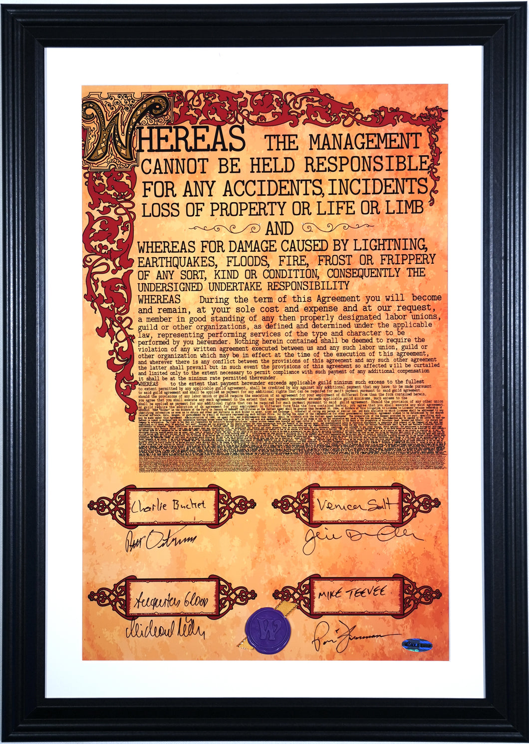 FRAMED 21” X 15” WONKA CONTRACT - AUTOGRAPHED BY FOUR