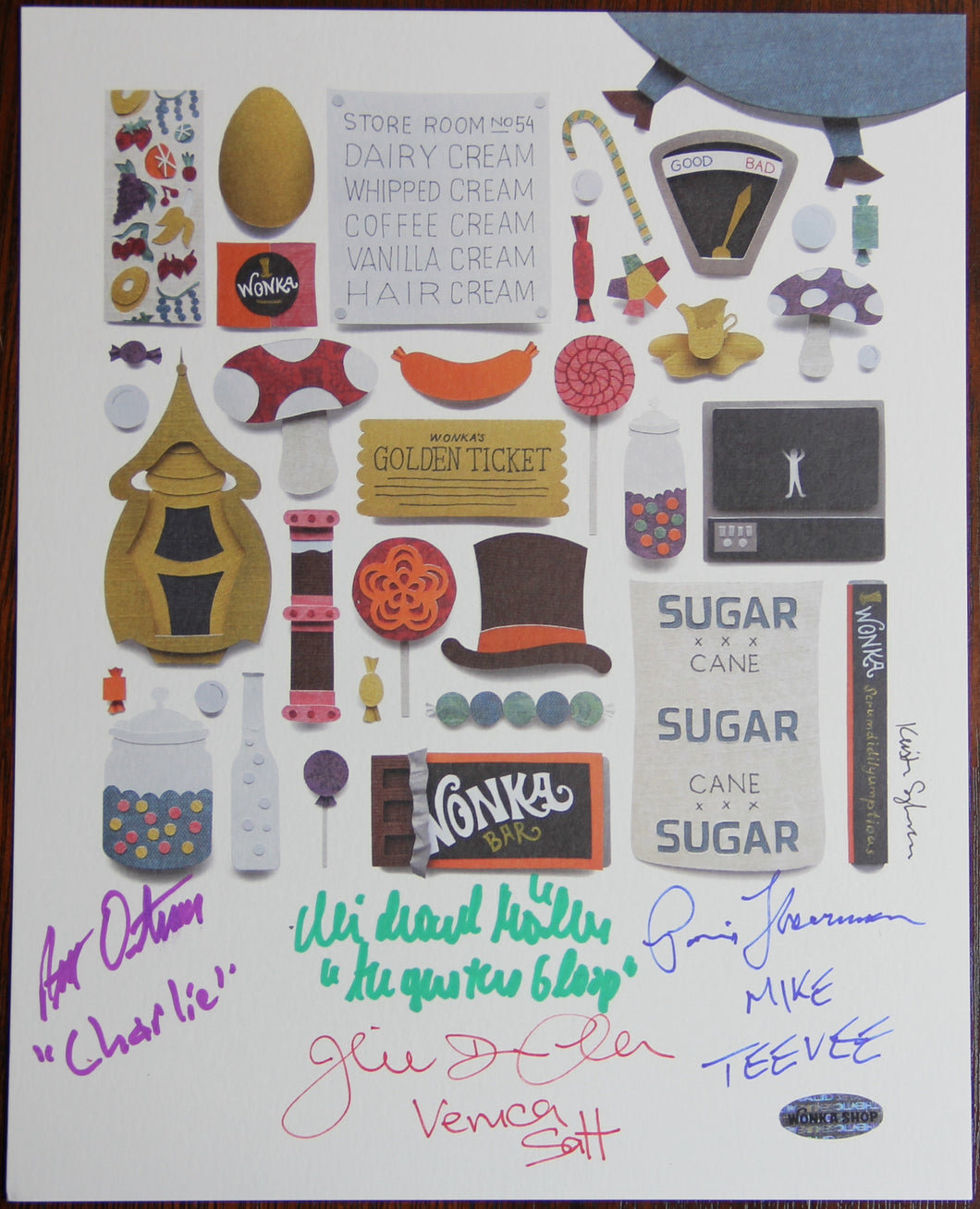 8” X 10” WONKA COLLAGE BY KRISTEN SGALAMBORO - AUTOGRAPHED BY FOUR