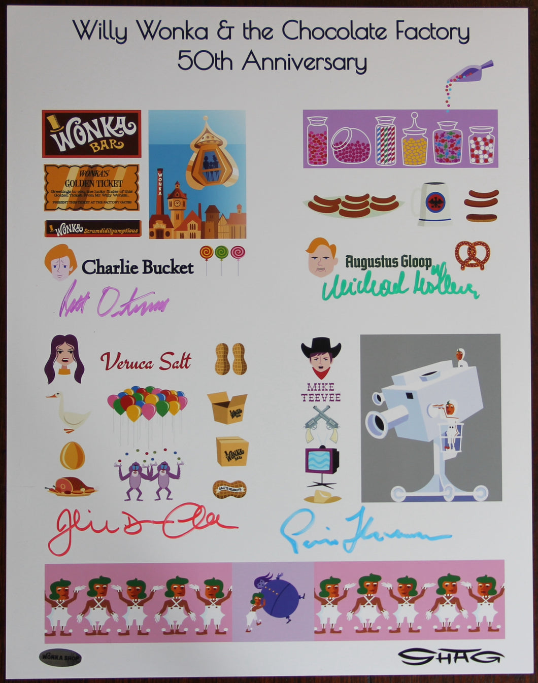 11” X 14” WONKA 50th ANNIVERSARY, SHAG STYLE - AUTOGRAPHED BY FOUR